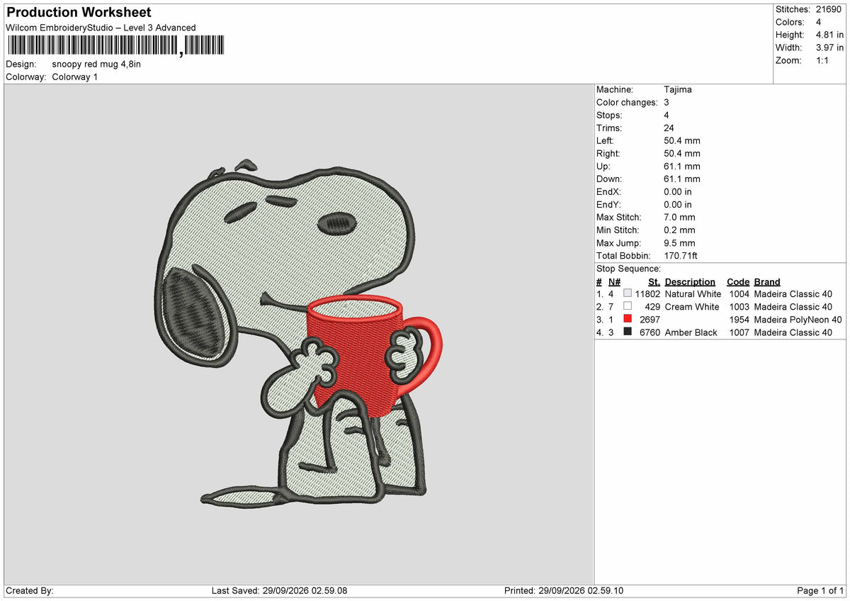 Snoopy Red Mug Embroidery Machine Design File 6 sizes