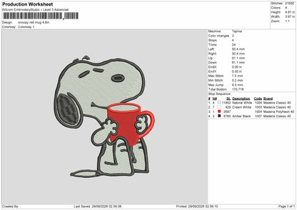 Snoopy Red Mug Embroidery Machine Design File 6 sizes