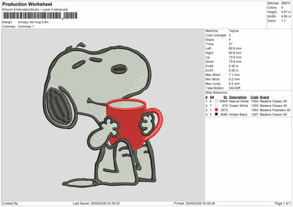 Snoopy Red Mug Embroidery Machine Design File 6 sizes