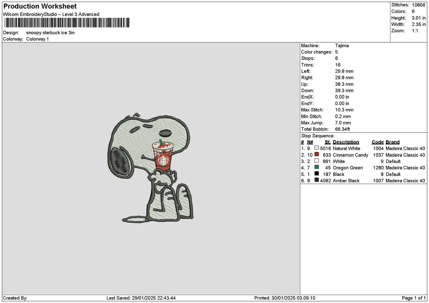 Snoopy Starbuck 02 Embroidery File 6 sizes