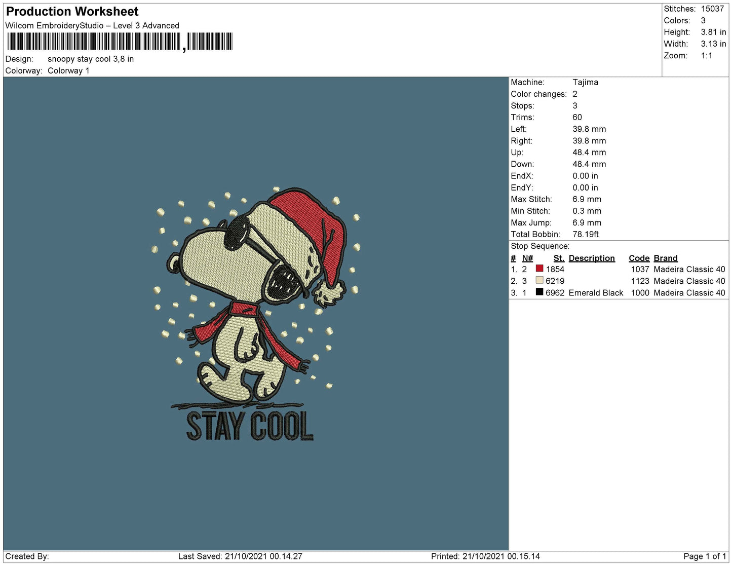 Snoopy Stay Cool Embroidery File 4 size