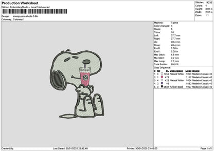 Snoopy Cafecito Embroidery File 6 sizes