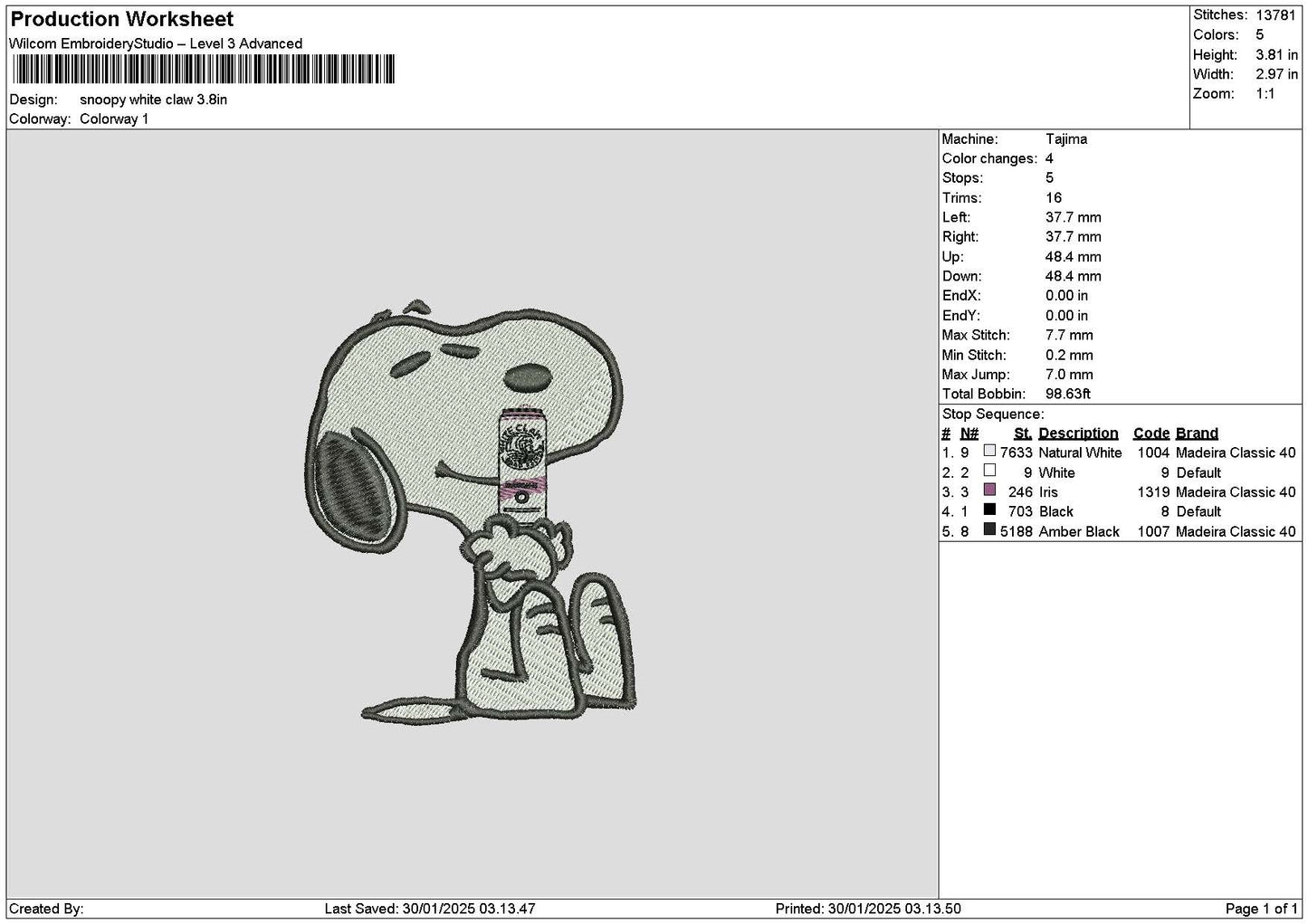 Snoopy White Claw Embroidery File 6 sizes