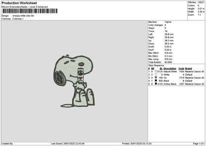 Snoopy White Claw Embroidery File 6 sizes