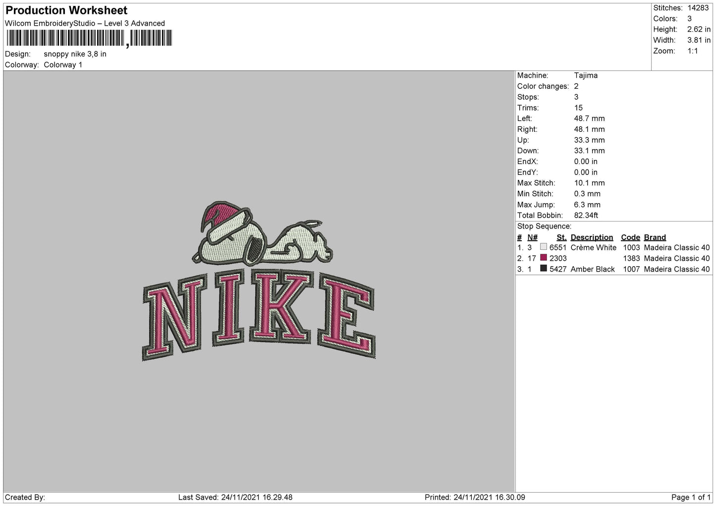 Snoopy Nike Embroidery File 4 size