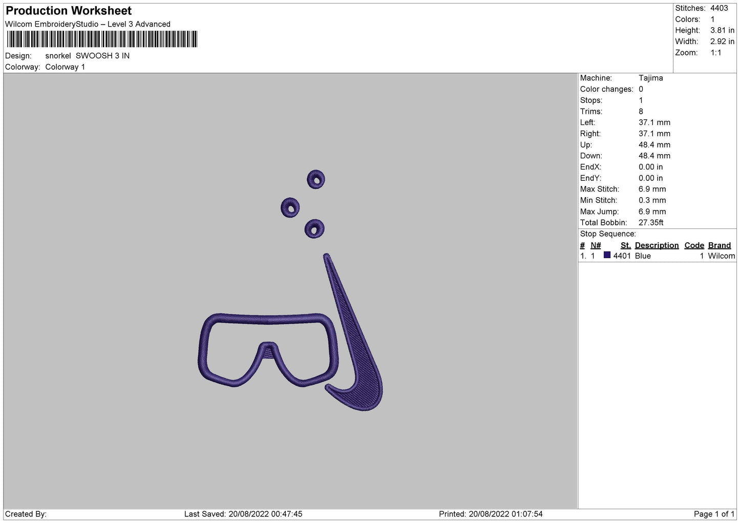 Snorkel Swoosh Embroidery File 5 sizes