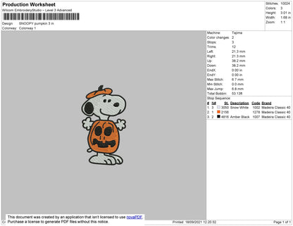 Snoopy Pumpkin Embroidery File 4 size