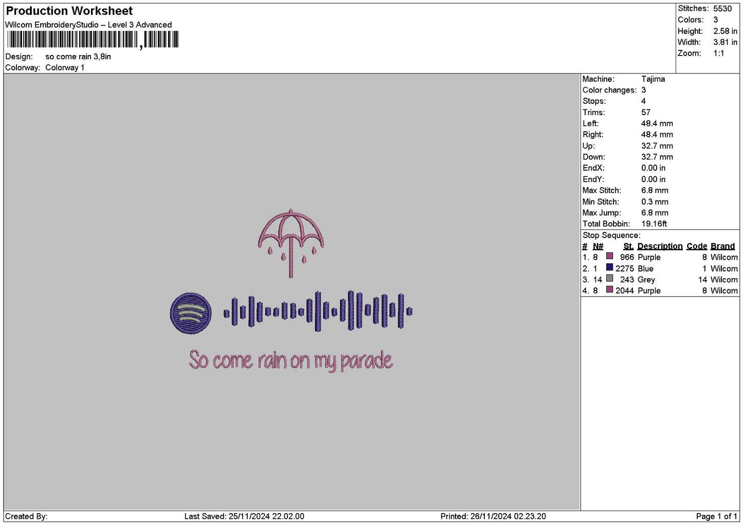 Rain Music Embroidery File 6 sizes