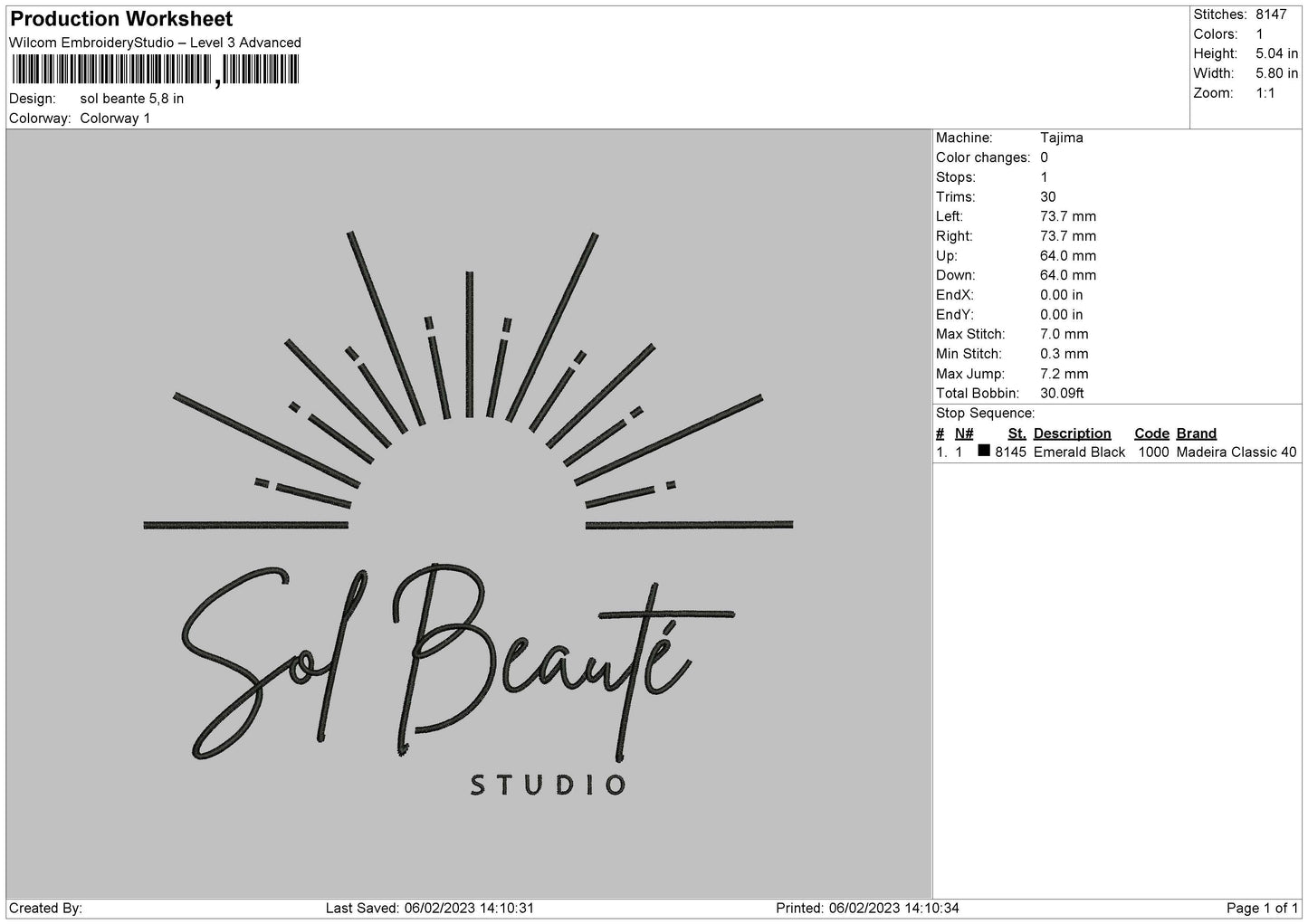 Sol Beante Embroidery File 6 sizes