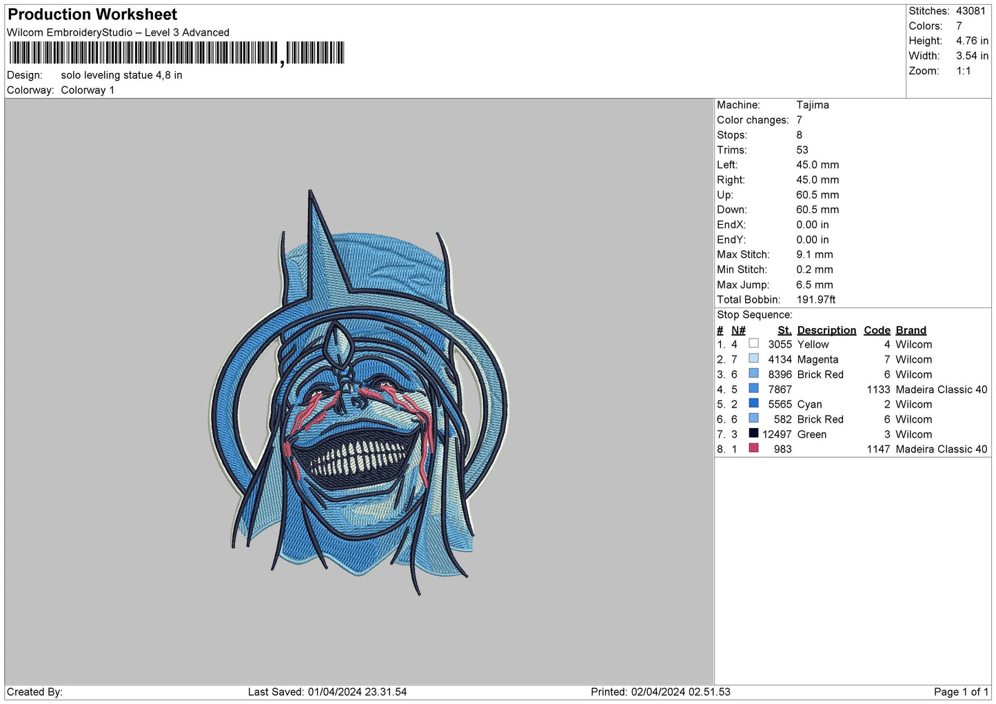 Statue 0204 Embroidery File 6 sizes