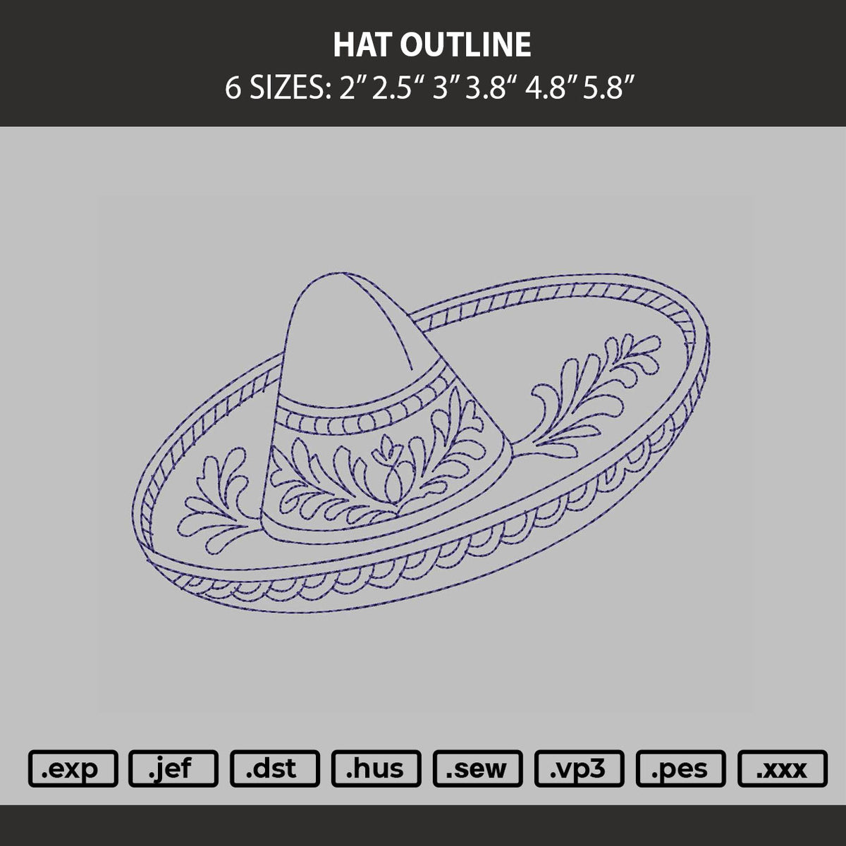Hat Outline Embroidery Machine Design File 6 sizes