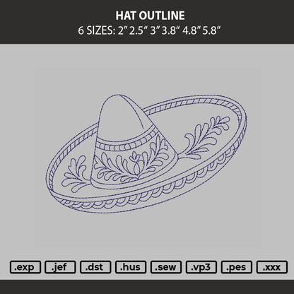 Hat Outline Embroidery Machine Design File 6 sizes