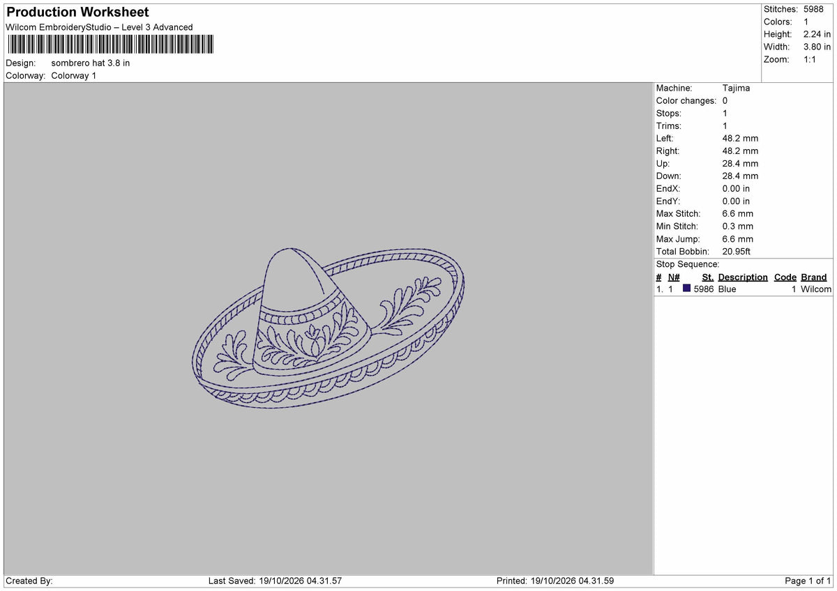 Hat Outline Embroidery Machine Design File 6 sizes
