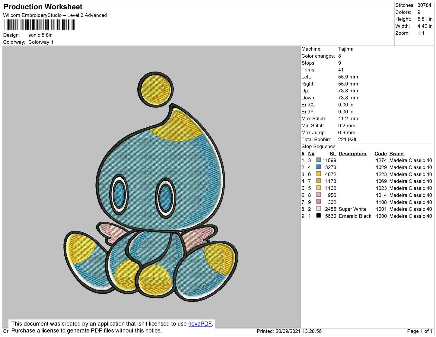 Sonic Embroidery File 4 size