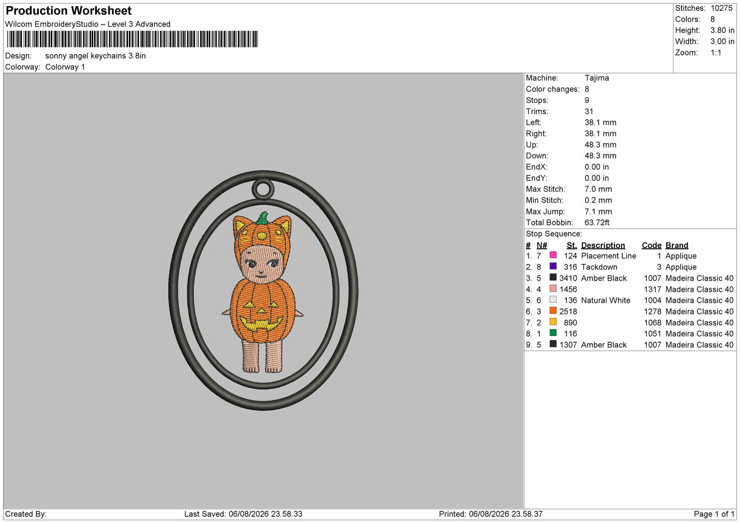 Sonny Keychain Embroidery Machine Design File 6 sizes