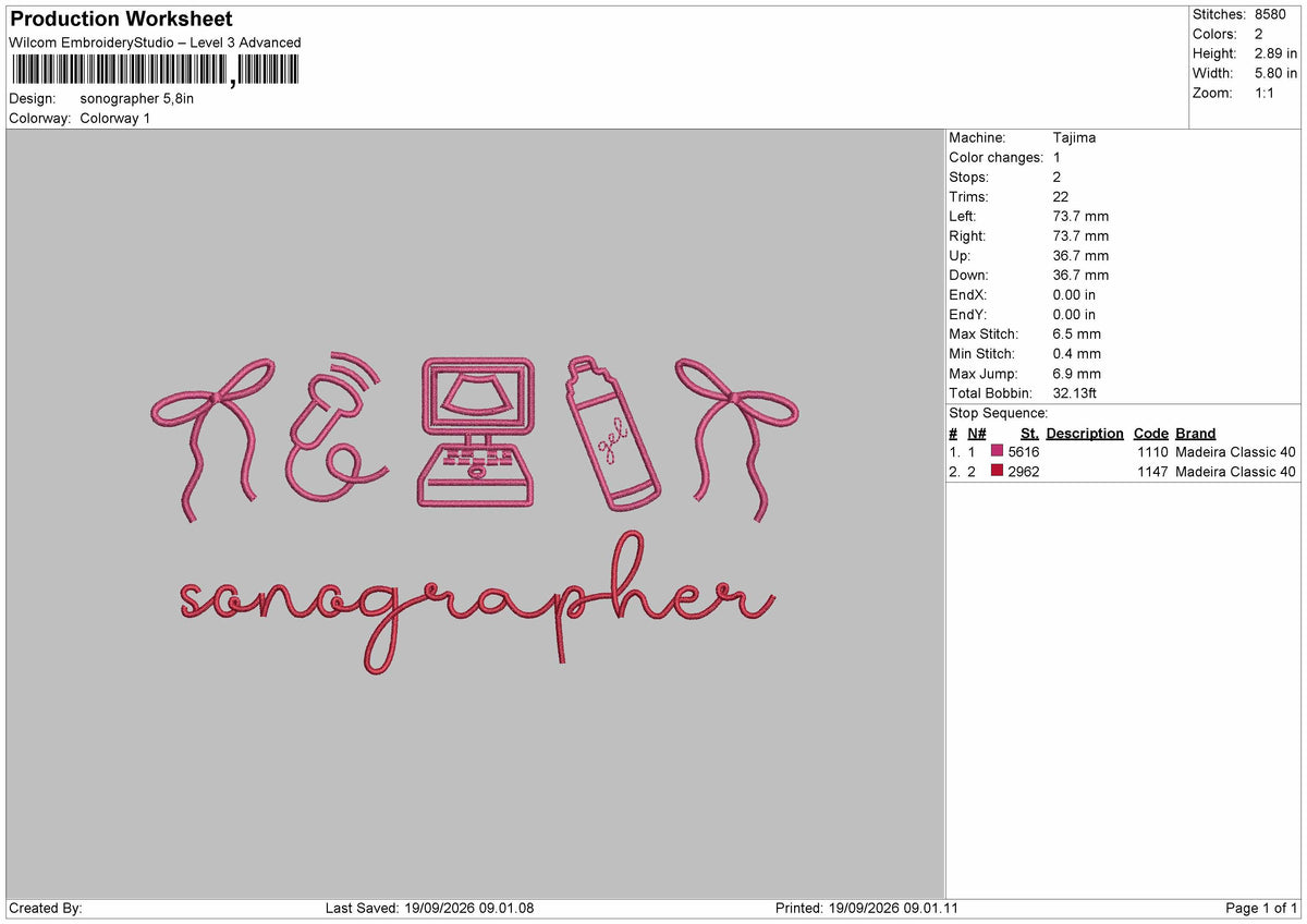 Sonographer Text Embroidery Machine Design File 6 sizes
