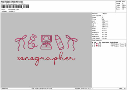 Sonographer Text Embroidery Machine Design File 6 sizes