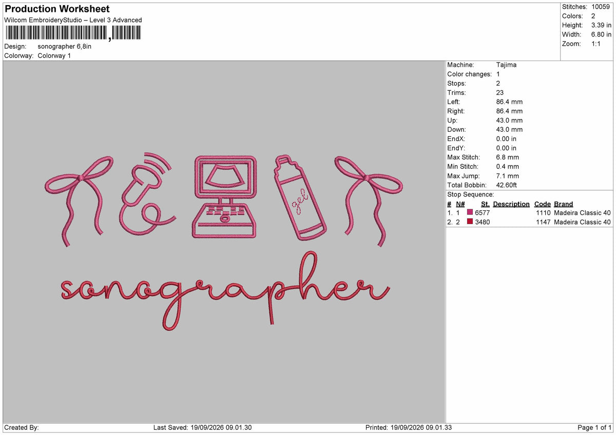 Sonographer Text Embroidery Machine Design File 6 sizes