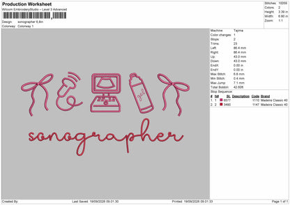 Sonographer Text Embroidery Machine Design File 6 sizes