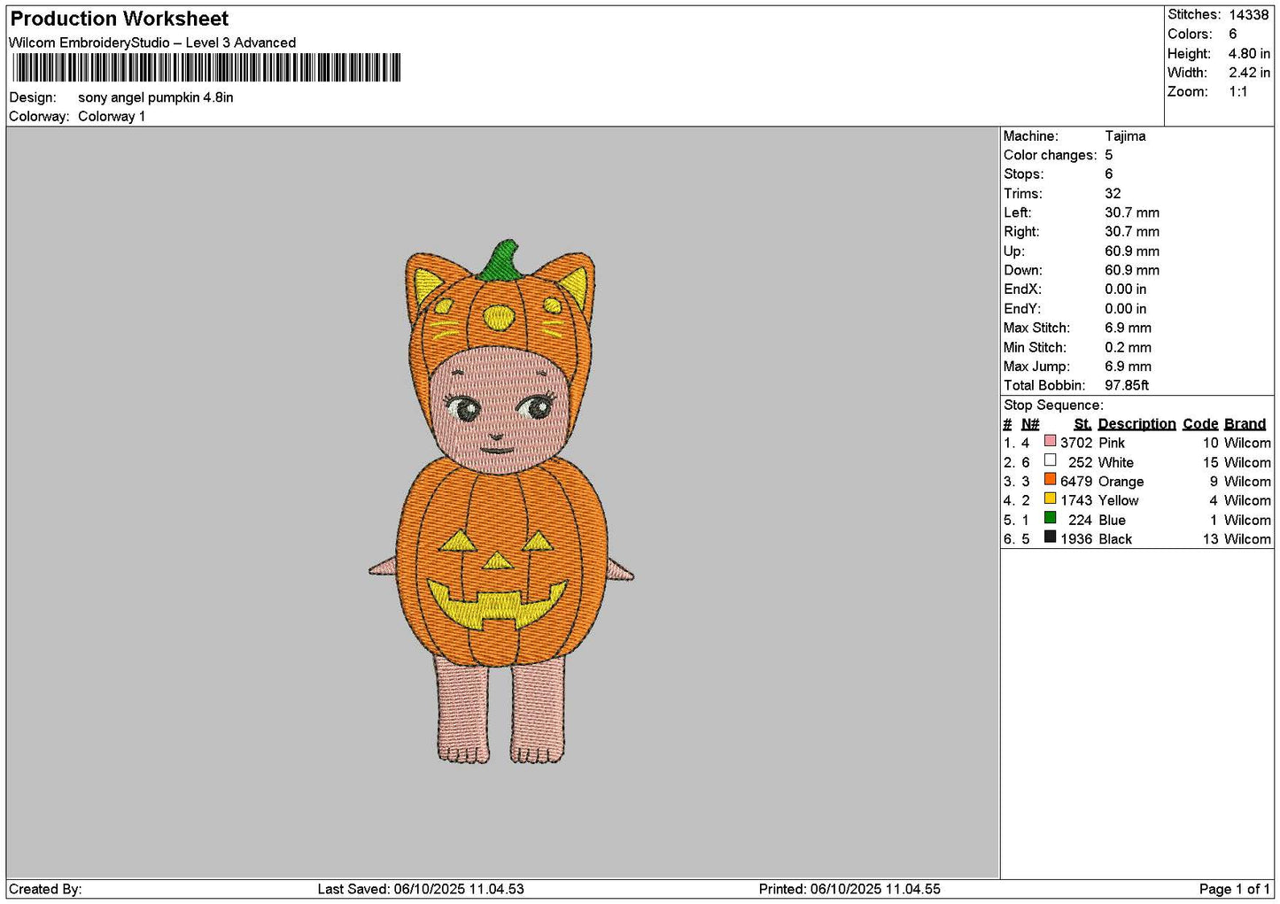 Pumpkin Sony Embroidery File 6 sizes