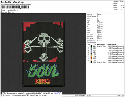 Soul King Embroidery File 4 size