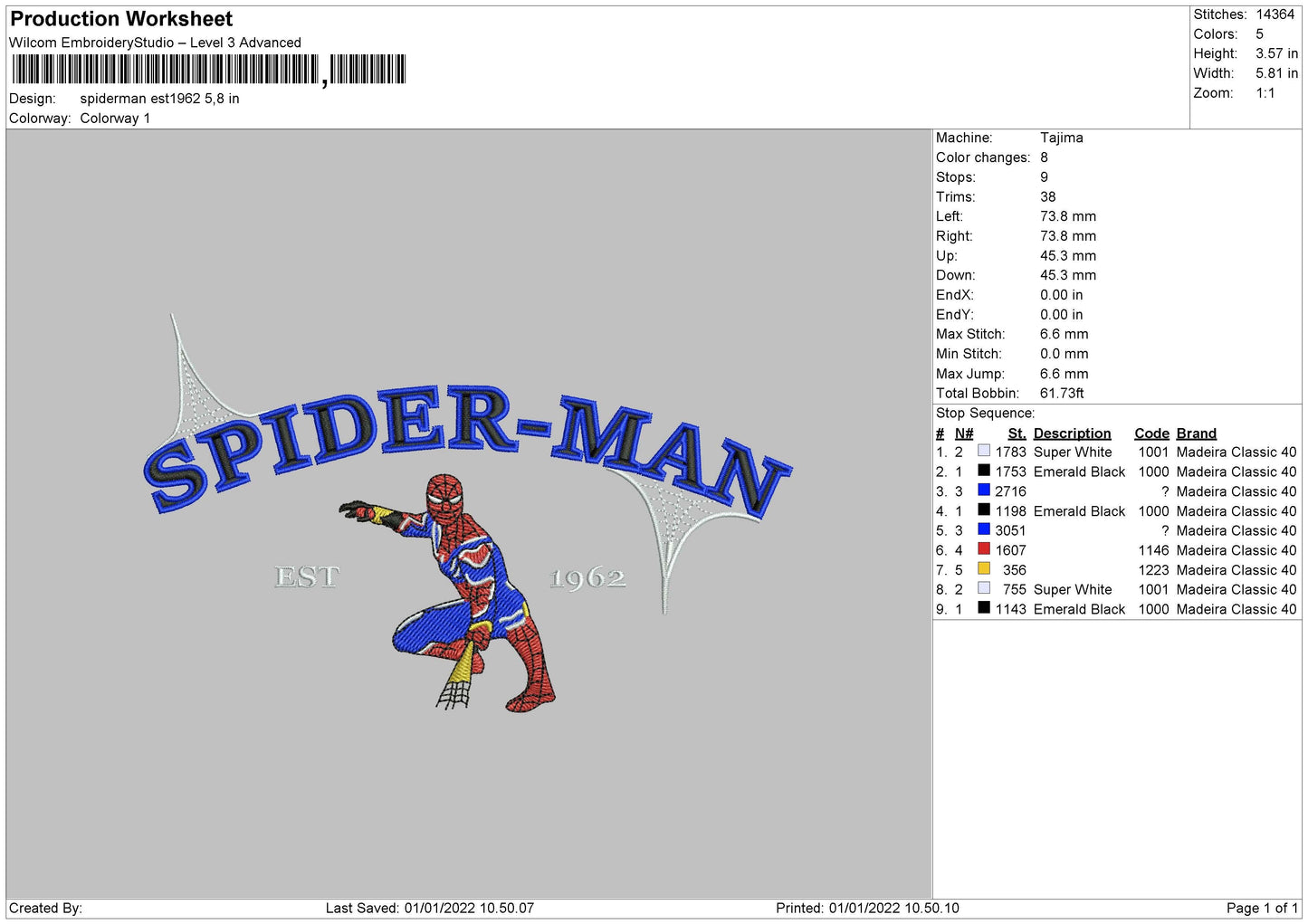 Spiderman Est 1962 Embroidery File 4 size