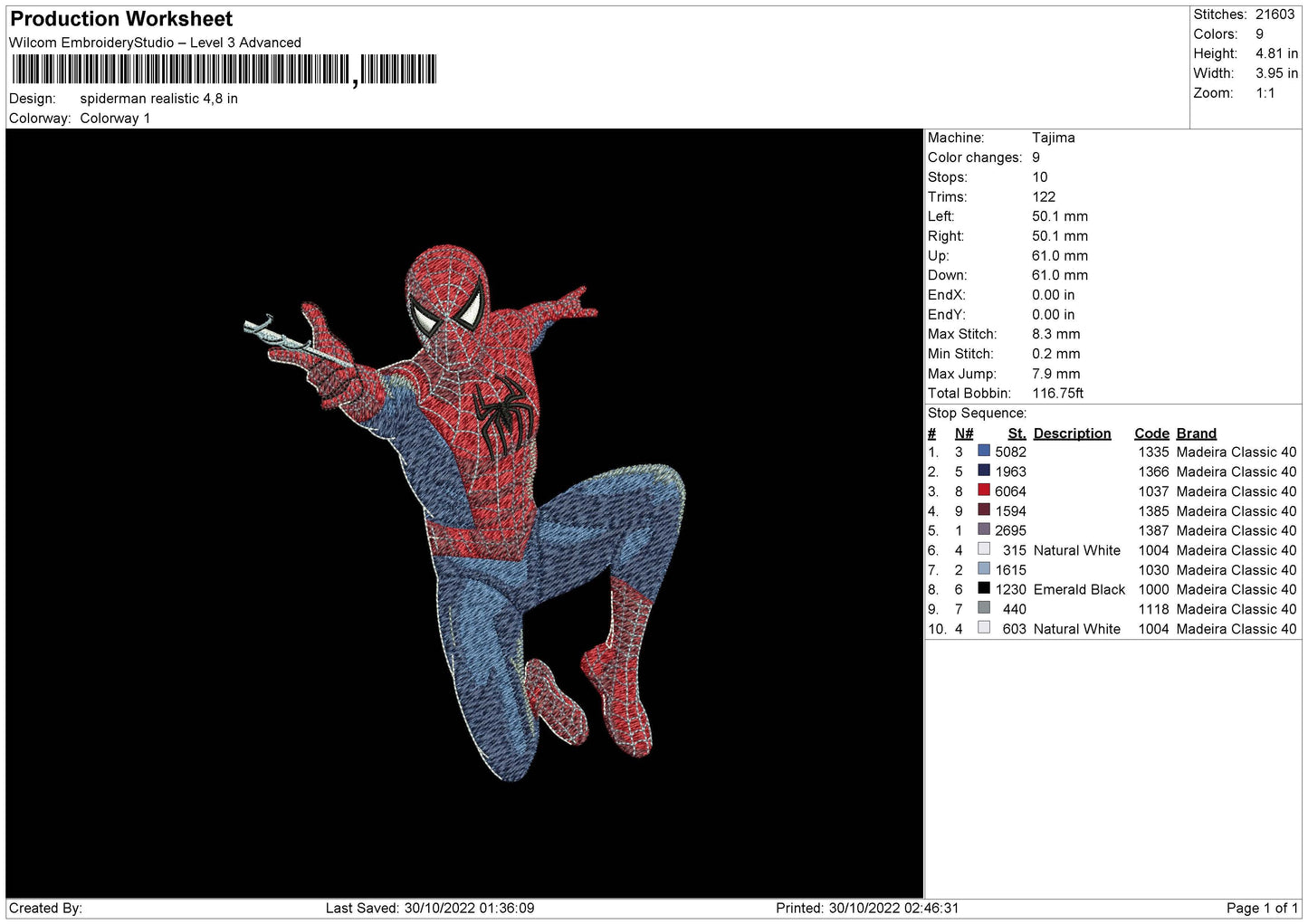 Spiderman Realistic Embroidery File 5 sizes