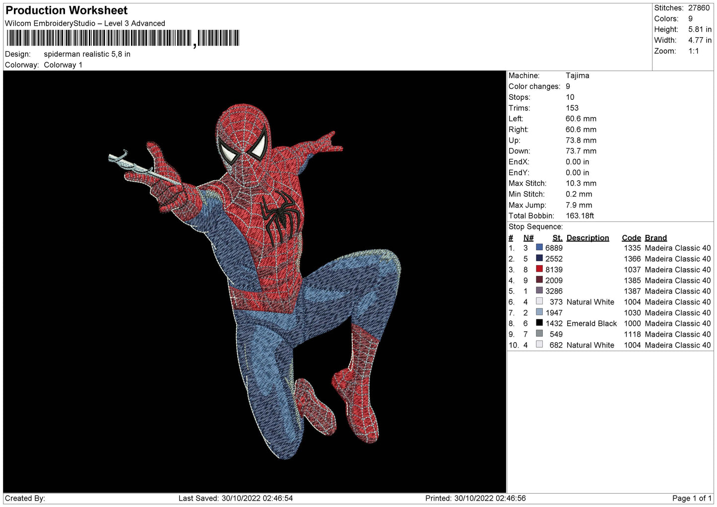 Spiderman Realistic Embroidery File 5 sizes