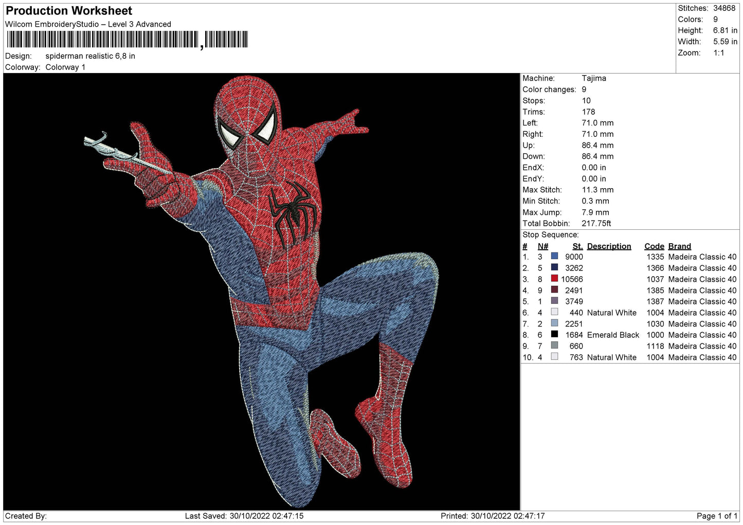 Spiderman Realistic Embroidery File 5 sizes