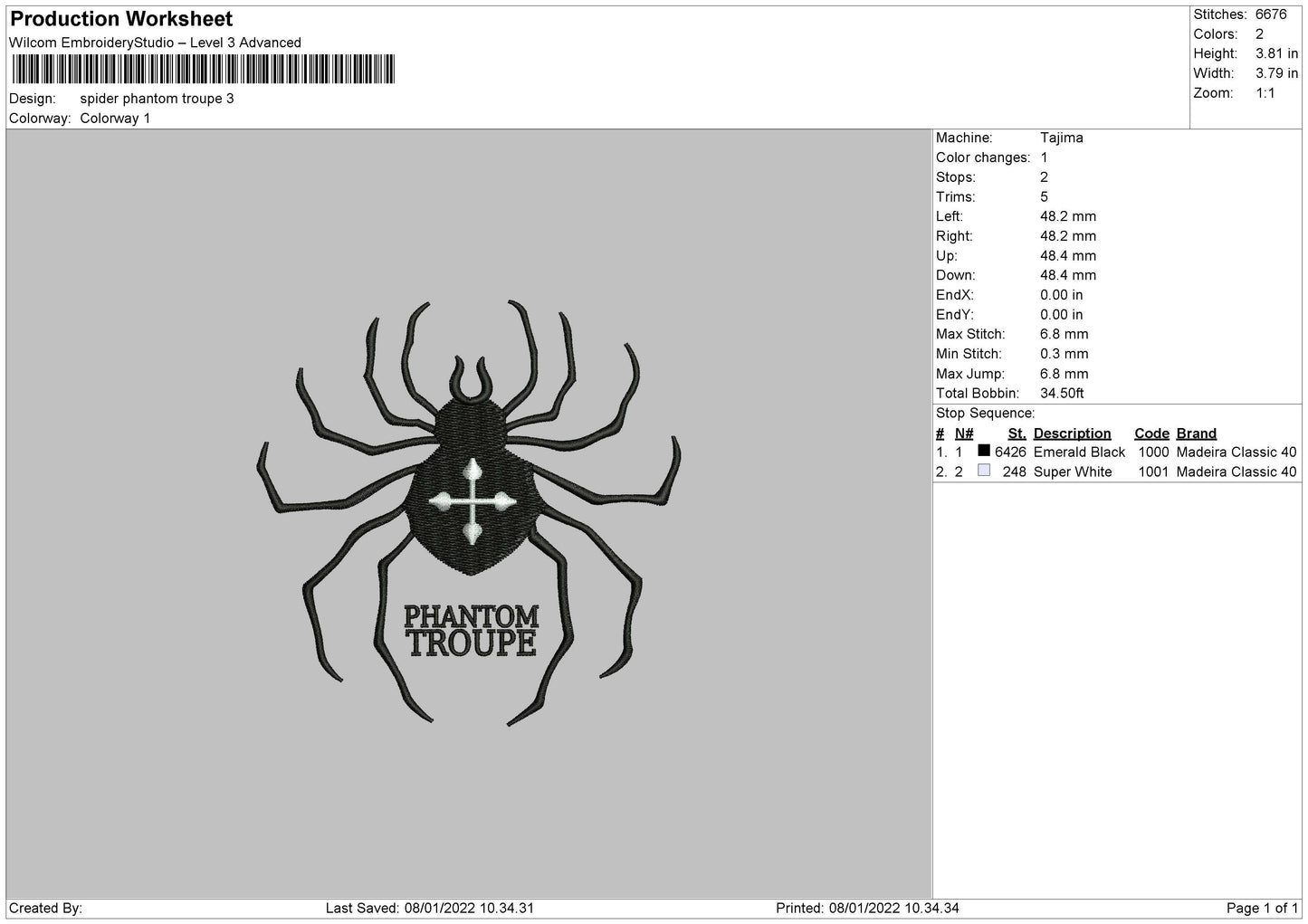 Spider Phantom Troupe Embroidery File 4 size