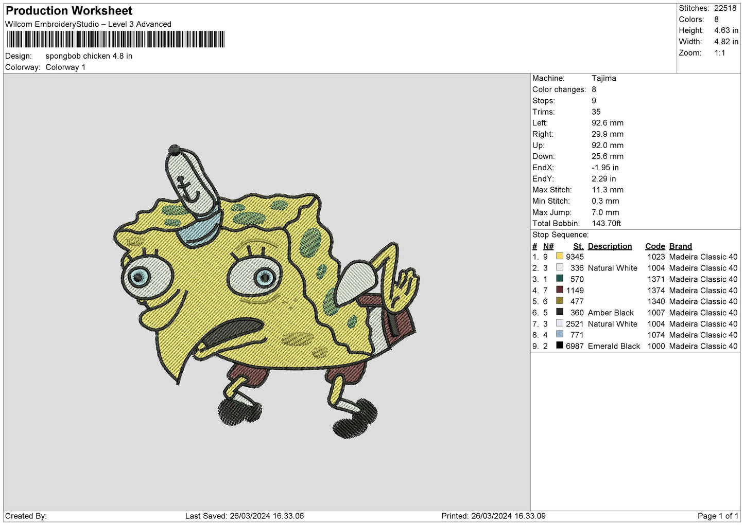 Spongechicken Embroidery File 6 sizes