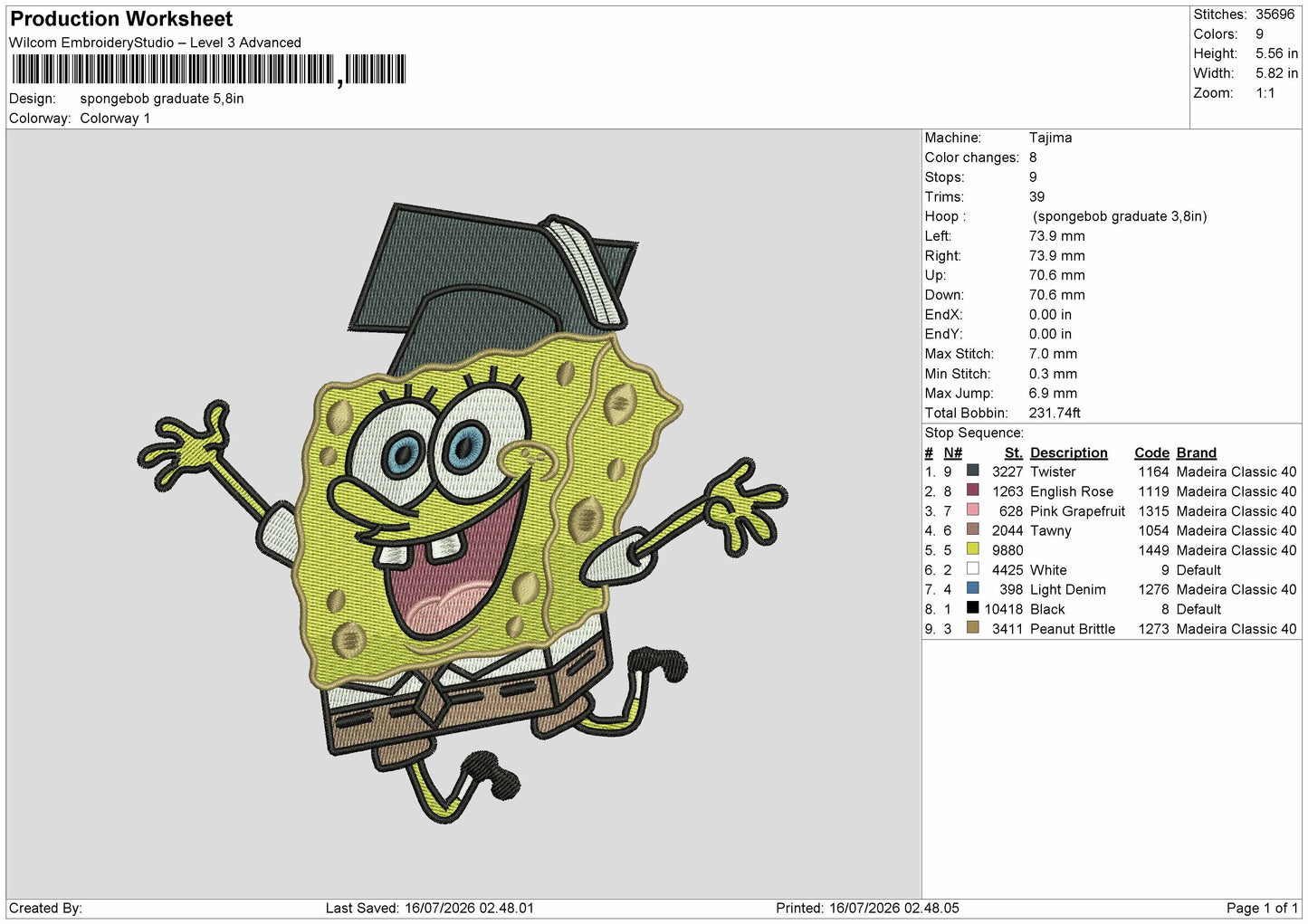 Sponge Graduate Embroidery Machine Design File 6 sizes