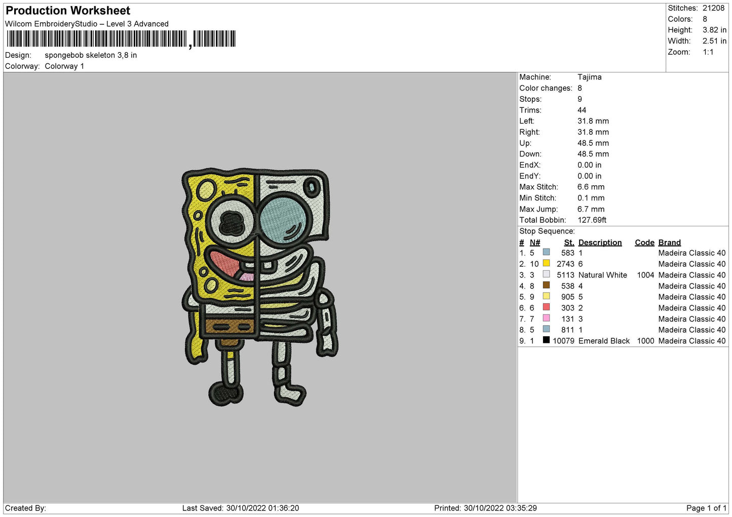 Spongebob Skeleton Emboidery File 6 sizes