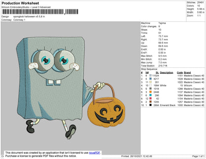 Spongebob Halloween V5 Embroidery File 4 size