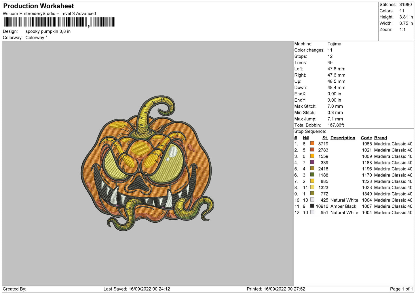Spooky Pumpkin Embroidery File 5 sizes