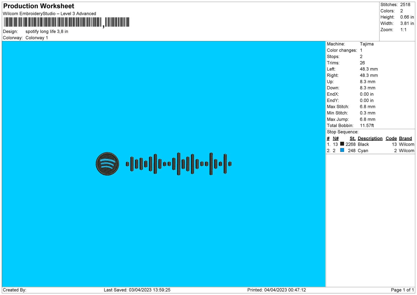 Spotify Long Life Embroidery File 6 sizes
