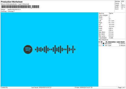 Spotify Long Life Embroidery File 6 sizes