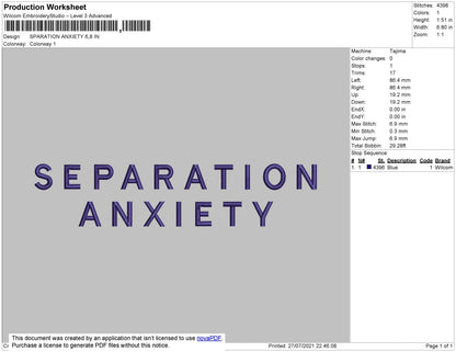 Separation Anxiety Embroidery File 4 size