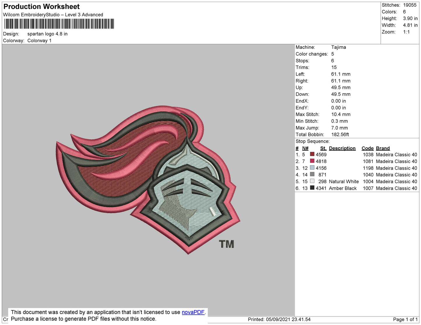 Spartan Logo Embroidery File 4 size