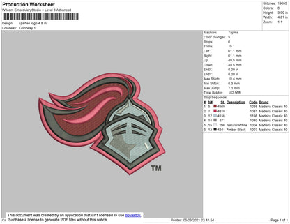 Spartan Logo Embroidery File 4 size