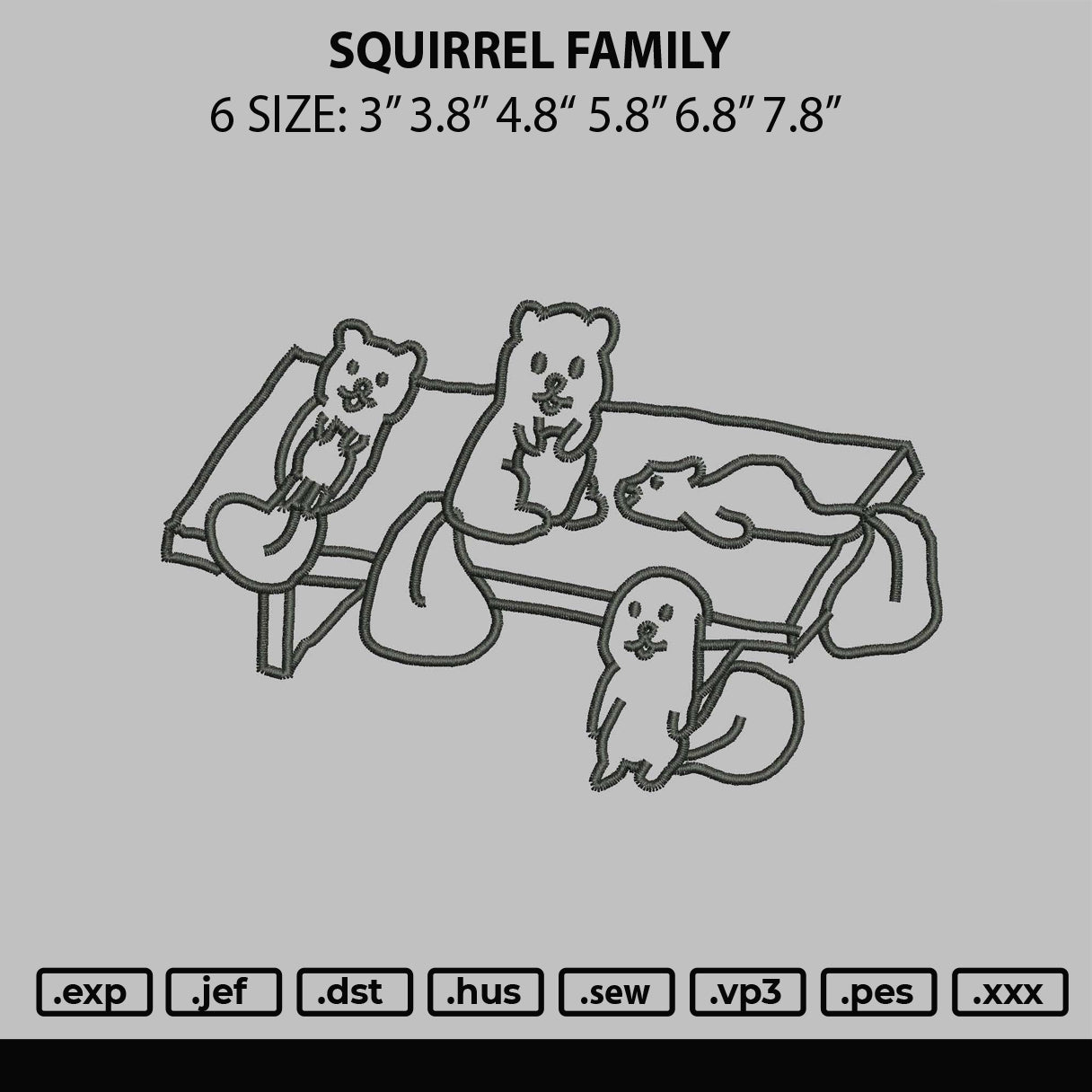 Squirrel Family Embroidery File 6 sizes