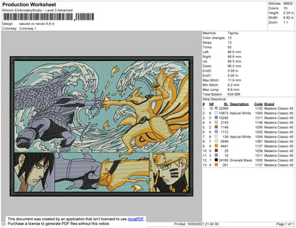 Sasuke Vs Naruto Embroidery File 4 size