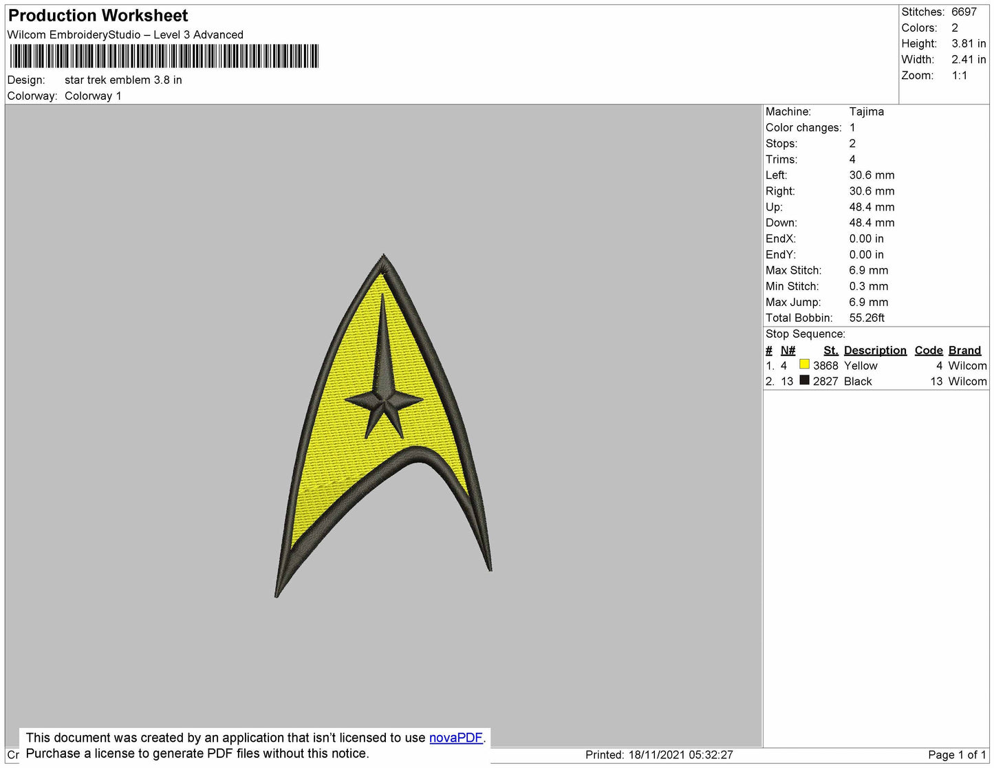 Star Trek Emblem Embroidery File 5 size