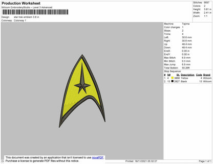 Star Trek Emblem Embroidery File 5 size