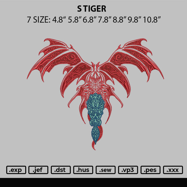 S Tiger Embroidery File 6 sizes