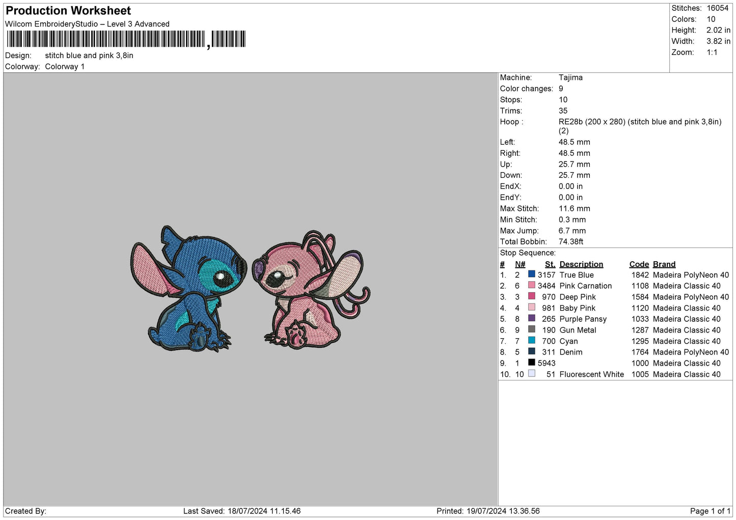 Stitch Blue Pink Embroidery File 6 sizes