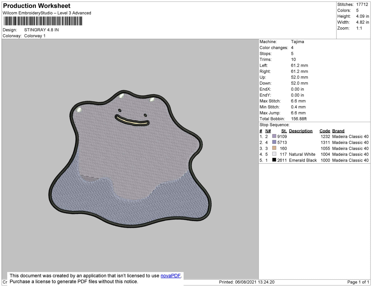 Stingray Embroidery File 4 size