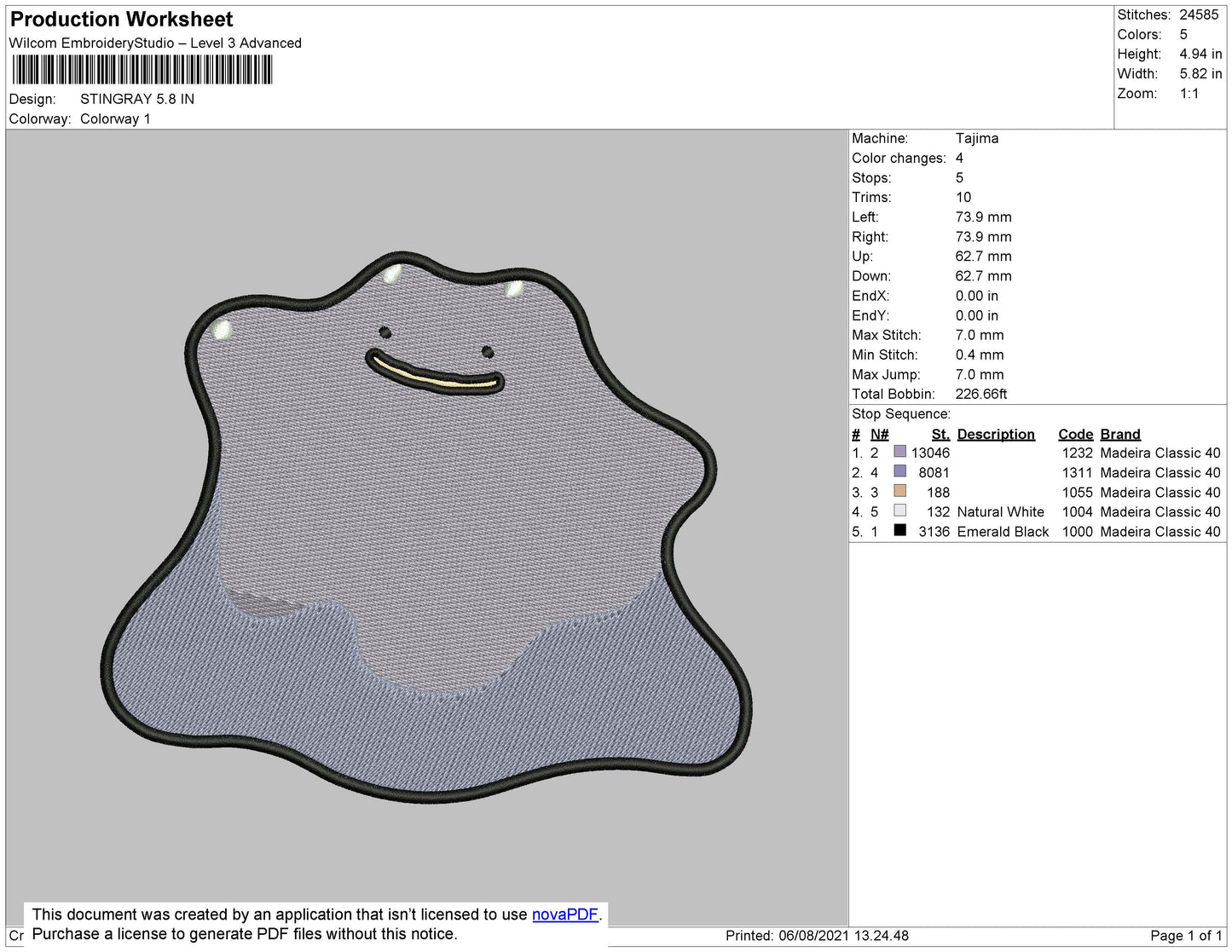 Stingray Embroidery File 4 size