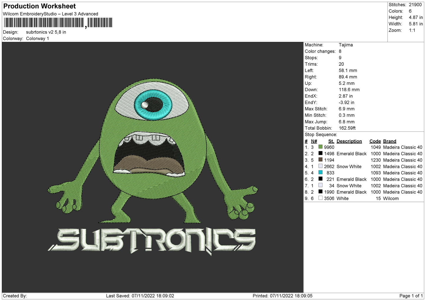 Subtronics V2 Embroidery File 6 sizes