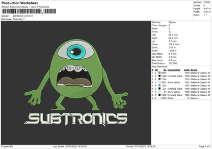 Subtronics V2 Embroidery File 6 sizes